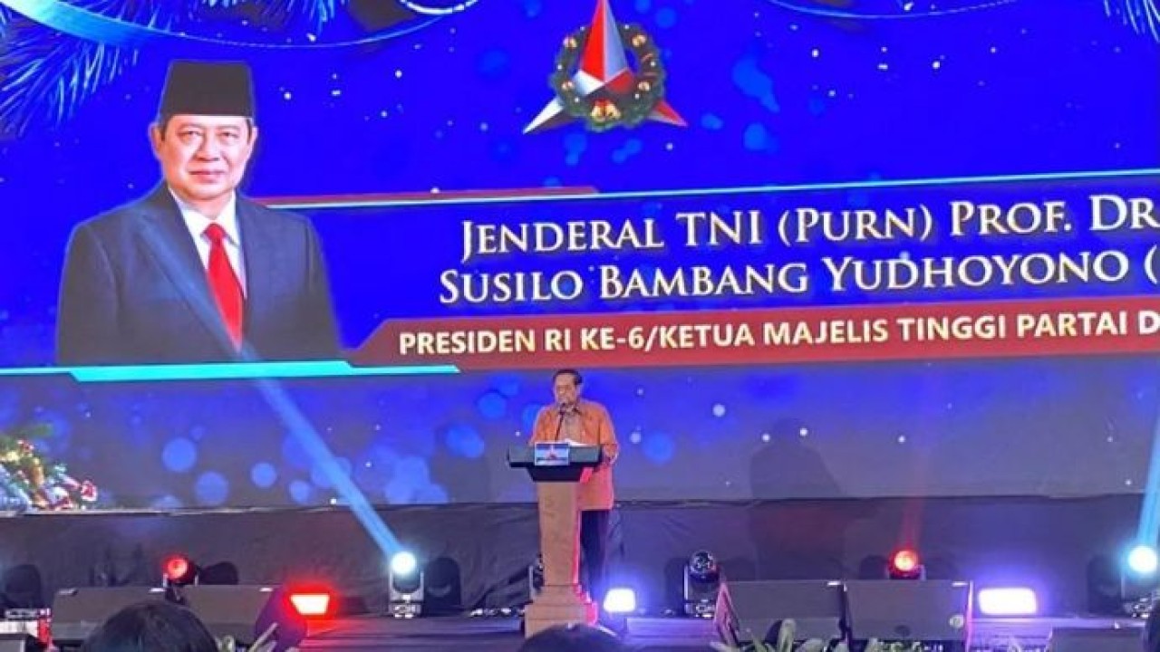 Ketua Majelis Tinggi Partai Demokrat Susilo Bambang Yudhoyono (SBY) menyampaikan pidato dalam Perayaan Natal Nasional Partai Demokrat dan Tahun Baru 2026 di Jakarta, Senin, 12 Januari 2026. ANTARA/Fath Putra Mulya (Antara)