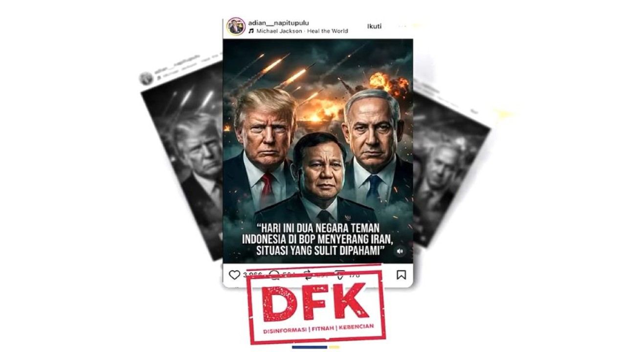 Daya kritis warganet lagi-lagi diuji dengan unggahan konten yang menggiring opini seolah-olah negara-negara yang tergabung dalam Dewan Perdamaian atau Board of Peace (BoP) terlibat konflik antara Amerika Serikat (AS)-Israel dengan Iran. -tangkapan layar instagram @cekfaktari-