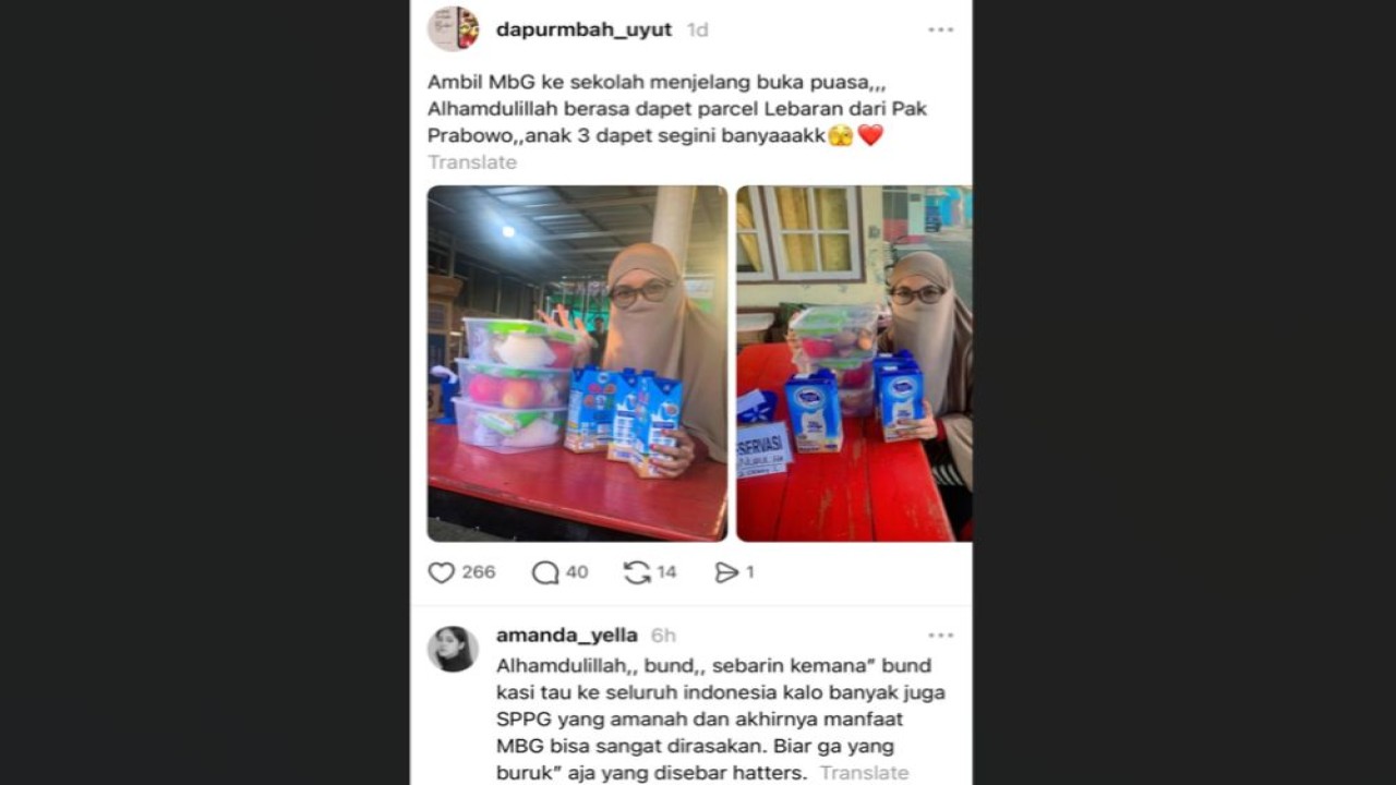 Melalui media sosial Threads, akun @dapurmbah_uyut menceritakan kebahagiaan saat mengambil paket MBG Ramadan untuk anak-anaknya di sekolah. (Foto: Dok/Istimewa/Bakom RI)