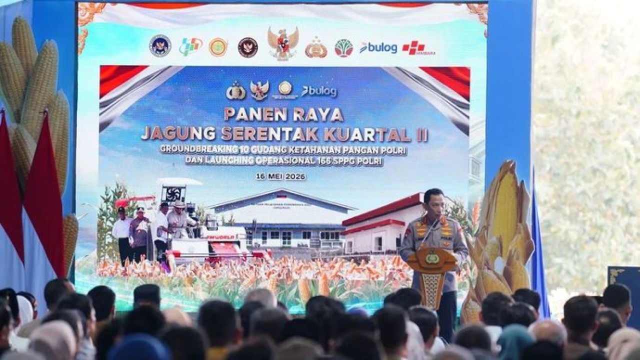 Kapolri Jenderal Listyo Sigit Prabowo memberikan laporan di hadapan Presiden Prabowo Subianto dalam acara panen raya jagung serentak kuartal II, groundbreaking 10 gudang ketahanan Polri serta peluncuran operasional 166 SPPG Polri di Kabupaten Tuban, Jawa Timur, Sabtu 16 Mei 2026. (ANTARA/HO-Divisi Humas Polri) (Antara)