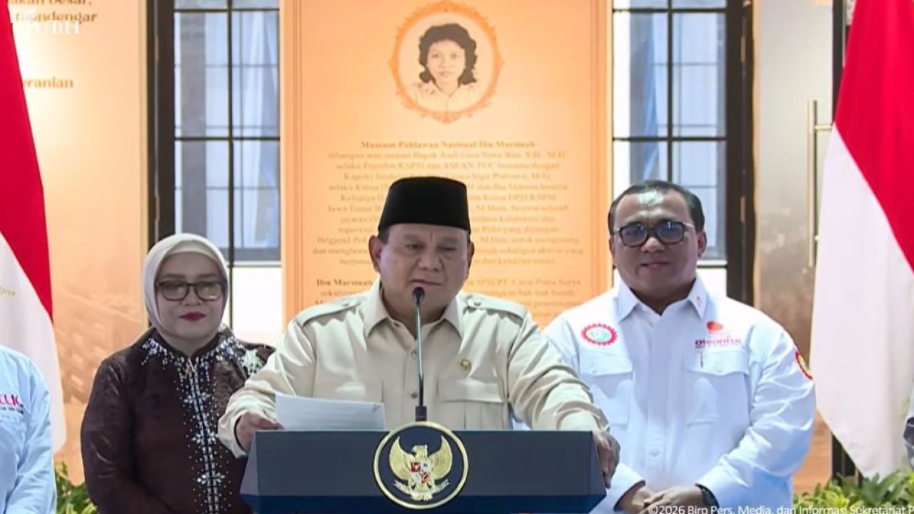 Presiden Prabowo Subianto meresmikan Museum Marsinah dan Rumah Singgah, di Kabupaten Nganjuk, Jawa Timur, Sabtu, 16 Mei 2026. (Foto: Tangkapan layar YouTube Setpres)