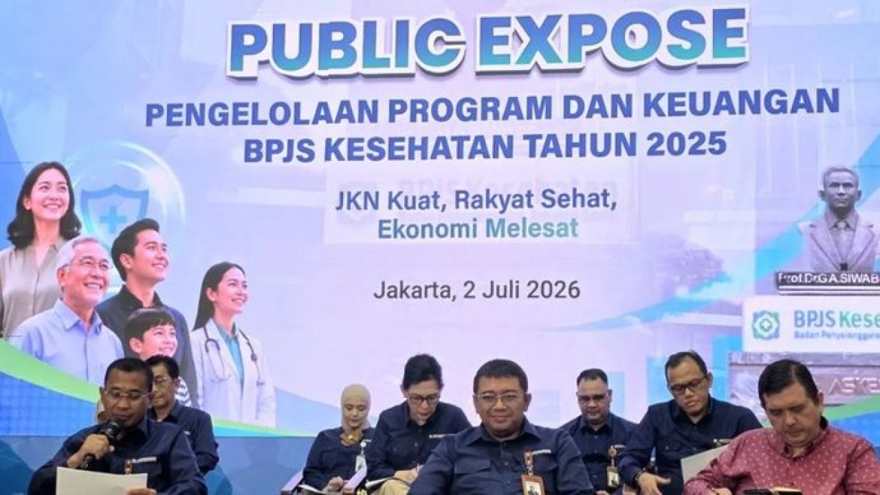 BPJS Kesehatan menggelar Public Expose Pengelolaan Program dan Laporan Keuangan BPJS Kesehatan Tahun 2025 di Kantor Pusat BPJS Kesehatan, Jakarta Pusat pada Kamis, 2 Juli 2026. (Antara)