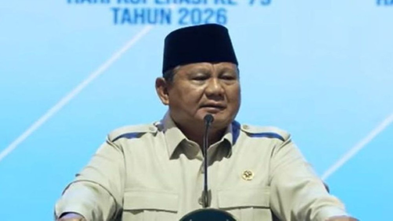 Presiden Prabowo Subianto saat menghadiri Hari Koperasi Nasional (Harkopnas) ke-79 di Indonesia Arena, Kompleks Gelora Bung Karno (GBK) Jakarta, Minggu, 12 Juli 2026. (Foto: YouTube Sekretariat Presiden)